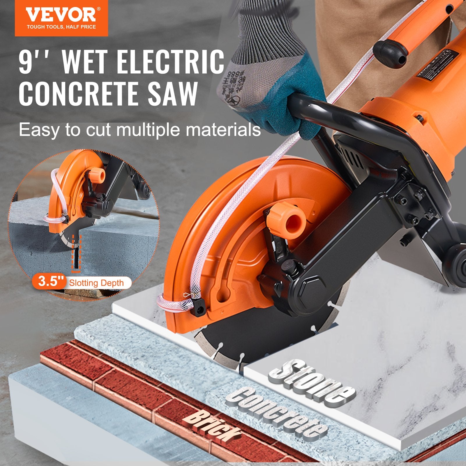 Electric Concrete Saw, 9 in, 2000 W 15 A Motor Circular Saw Cutter with 3.5 in Cutting Depth, Wet/Dry Disk Saw Cutter Includes Water Line, Pump and Blade, for Stone, Brick - Image 2