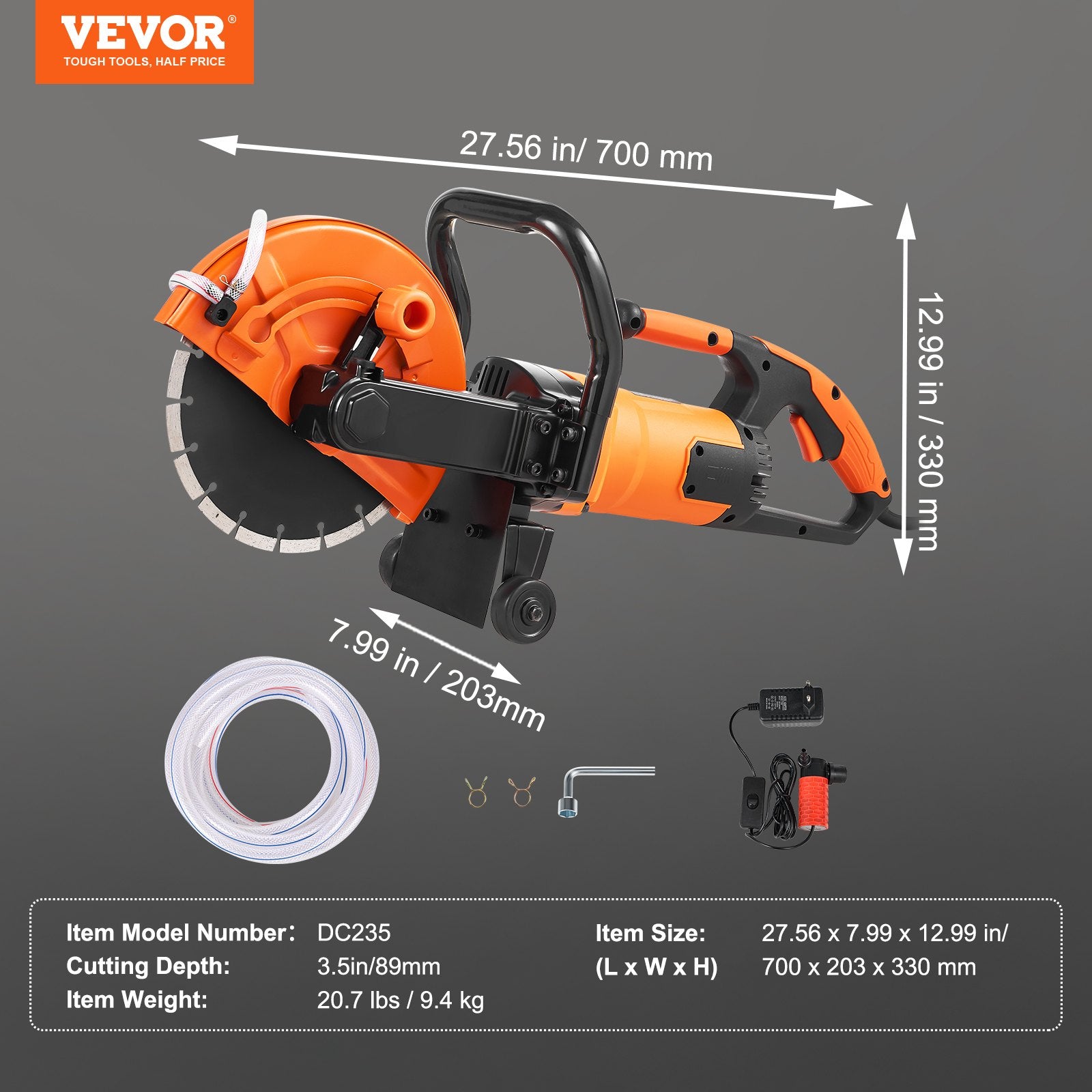 Electric Concrete Saw, 9 in, 2000 W 15 A Motor Circular Saw Cutter with 3.5 in Cutting Depth, Wet/Dry Disk Saw Cutter Includes Water Line, Pump and Blade, for Stone, Brick - Image 7