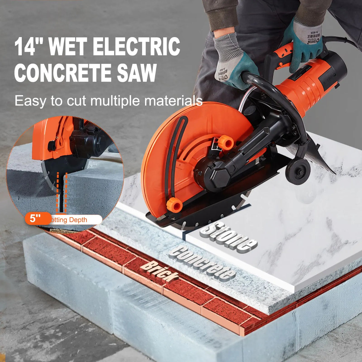 Electric Concrete Saw, 14 in, 2000 W Motor Circular Saw Cutter with Max. 5 in Adjustable Cutting Depth, Wet Disk Saw Cutter Includes Water Line, Pump and Blade, for Stone, Brick - Image 2