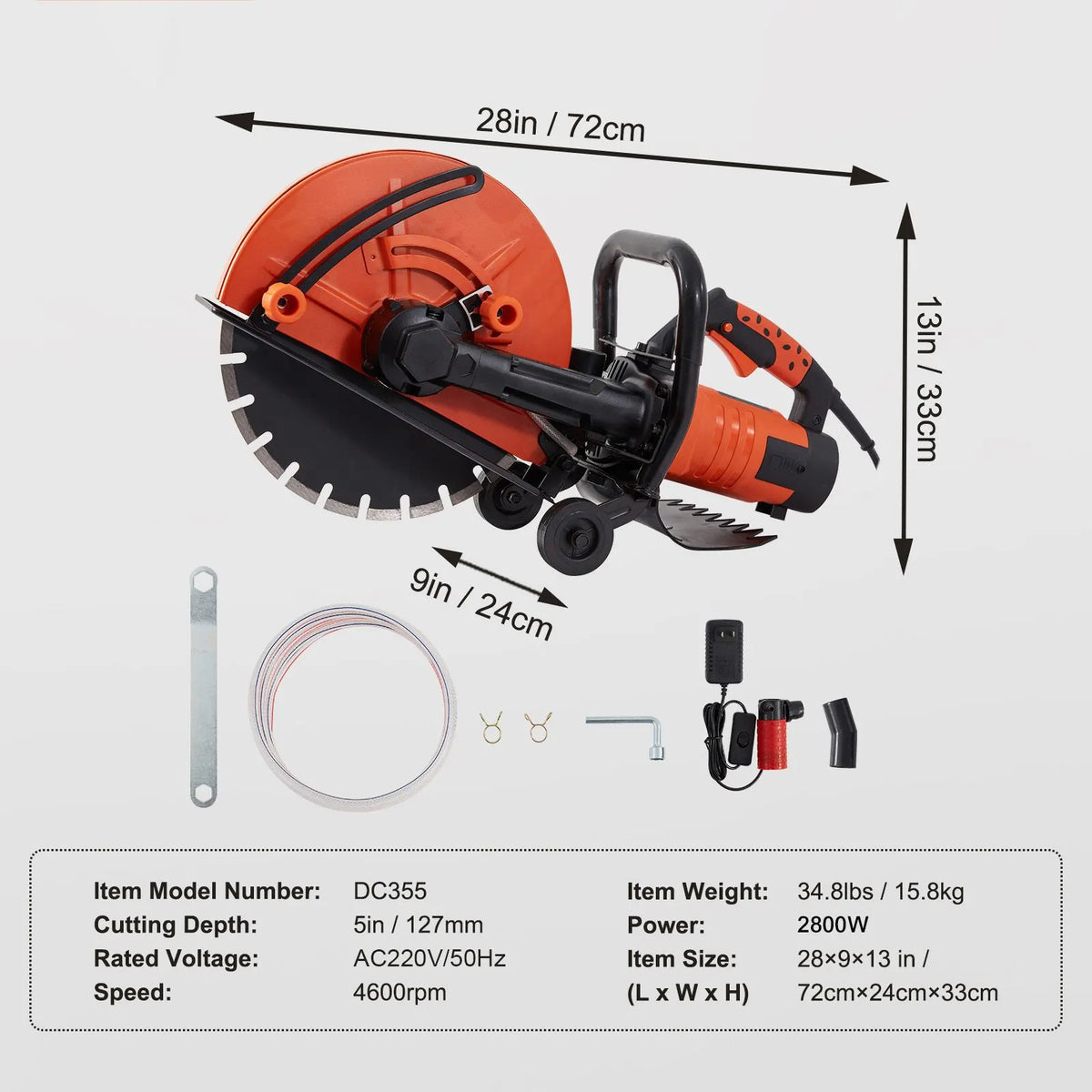 Electric Concrete Saw, 14 in, 2000 W Motor Circular Saw Cutter with Max. 5 in Adjustable Cutting Depth, Wet Disk Saw Cutter Includes Water Line, Pump and Blade, for Stone, Brick - Image 7
