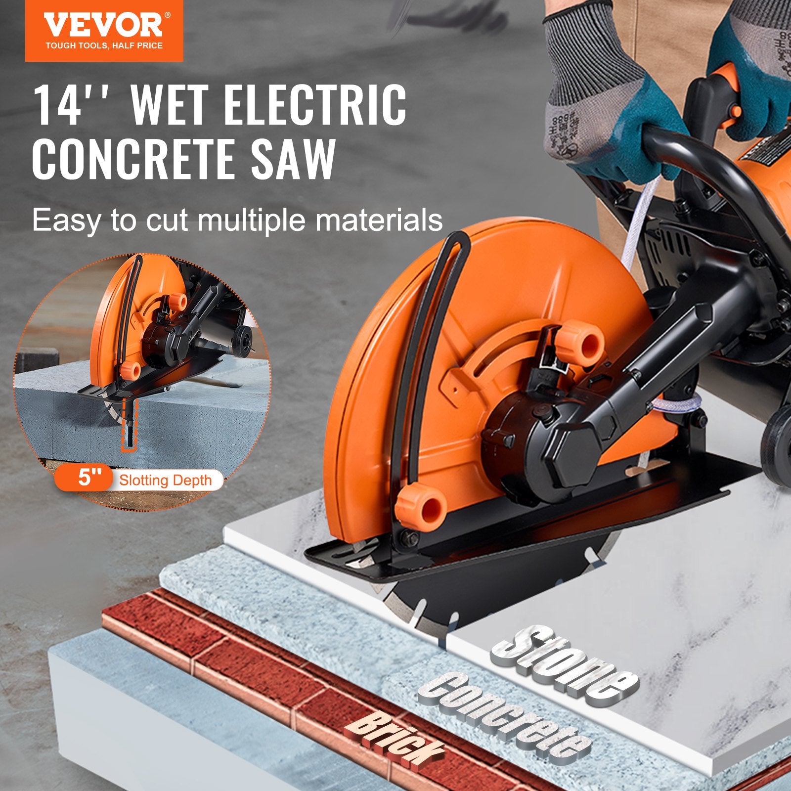 Electric Concrete Saw, 14 in, 2000 W Motor Circular Saw Cutter with Max. 5 in Adjustable Cutting Depth, Wet Disk Saw Cutter Includes Water Line, Pump and Blade, for Stone, Brick - Image 2