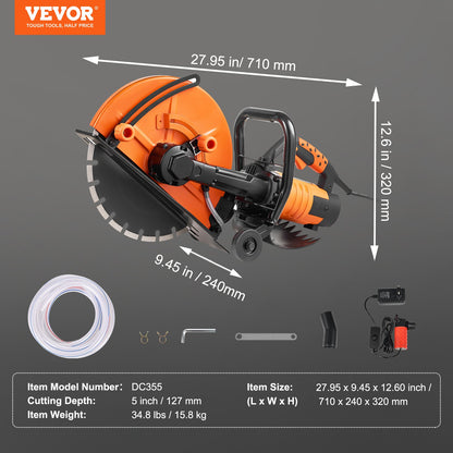 Electric Concrete Saw, 14 in, 2000 W Motor Circular Saw Cutter with Max. 5 in Adjustable Cutting Depth, Wet Disk Saw Cutter Includes Water Line, Pump and Blade, for Stone, Brick - Image 7