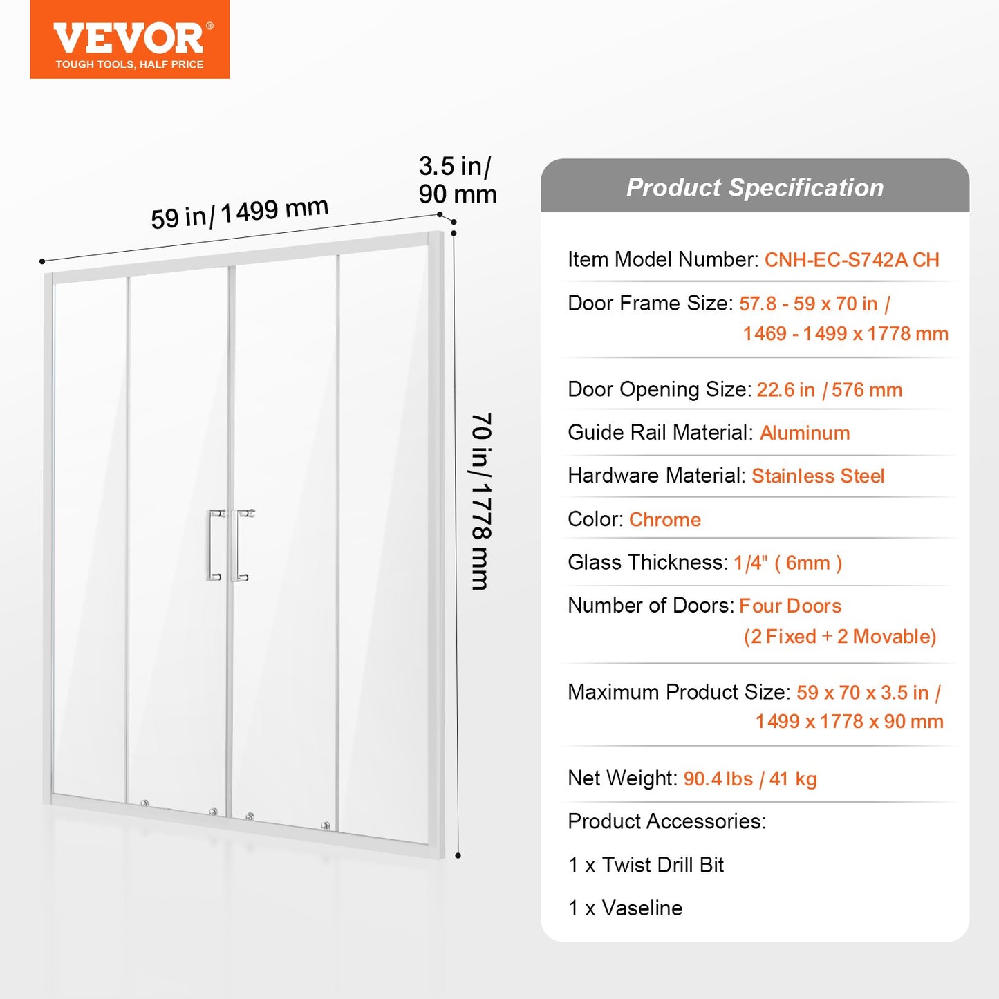 Semi-frameless Double Sliding Shower Door SGCC Tempered Glass 1/4" Chrome - Image 7