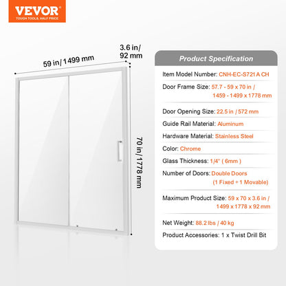 Semi-frameless Shower Door 57.7-59" x 70" SGCC Tempered Glass 1/4" Chrome - Image 7