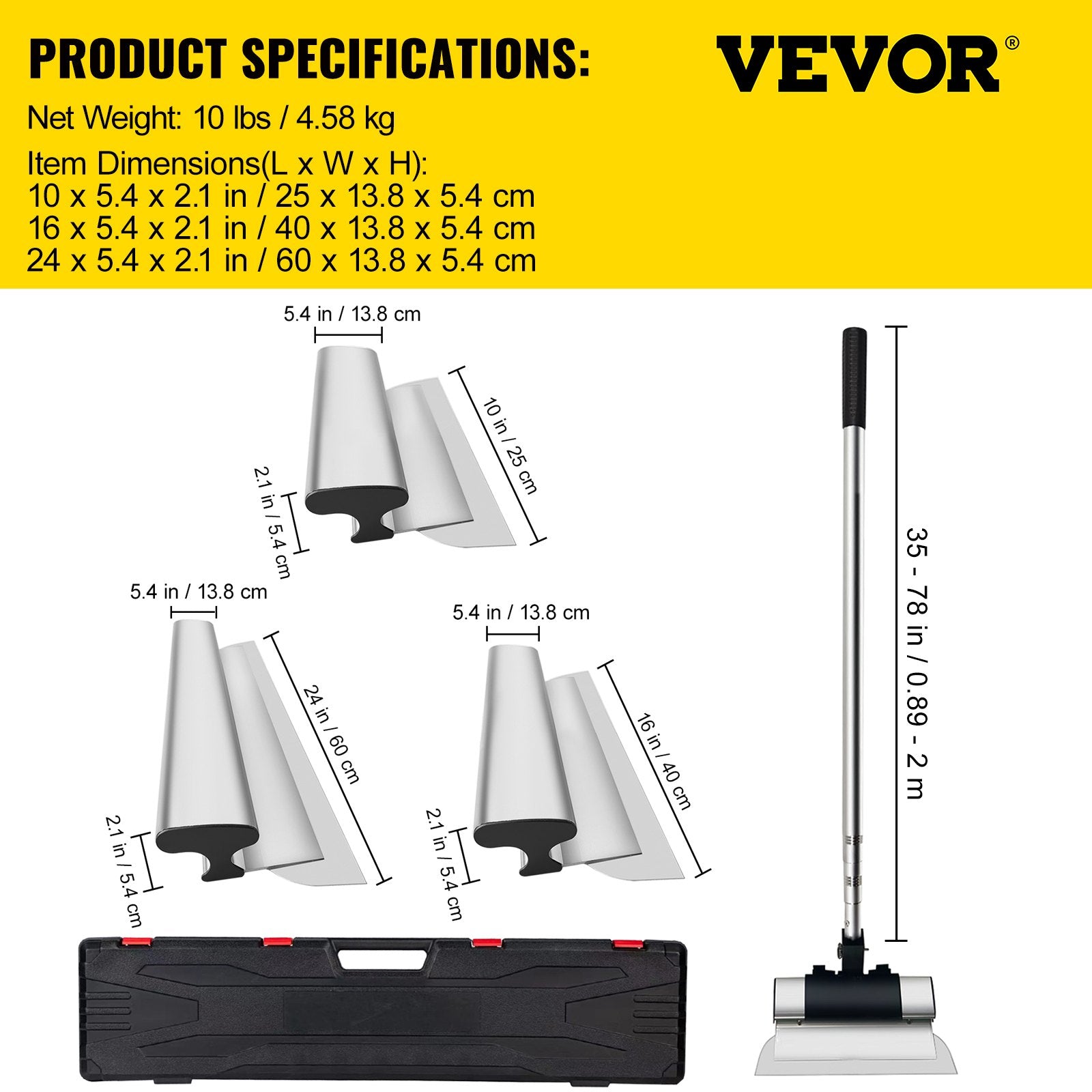Skimming Blade Set,10"+16"+24" Blades + 35"-78" Extension Handle，European Stainless Steel Construction Knife, Aluminum Blade Profile Smoothing Knockdown Spatula for Gyprock/Drywall/Wall-Boa - Image 7