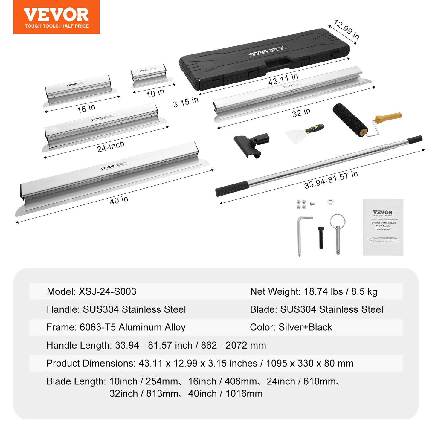 Drywall Skimming Blade Set, 10/16/24/32/40 in Skimming Blades + 34-81.6 in Extension Handle Pole, Stainless Steel Knife Professional Skim Coat Tools, for Gyprock/WallBoard/Plasterboard - Image 7