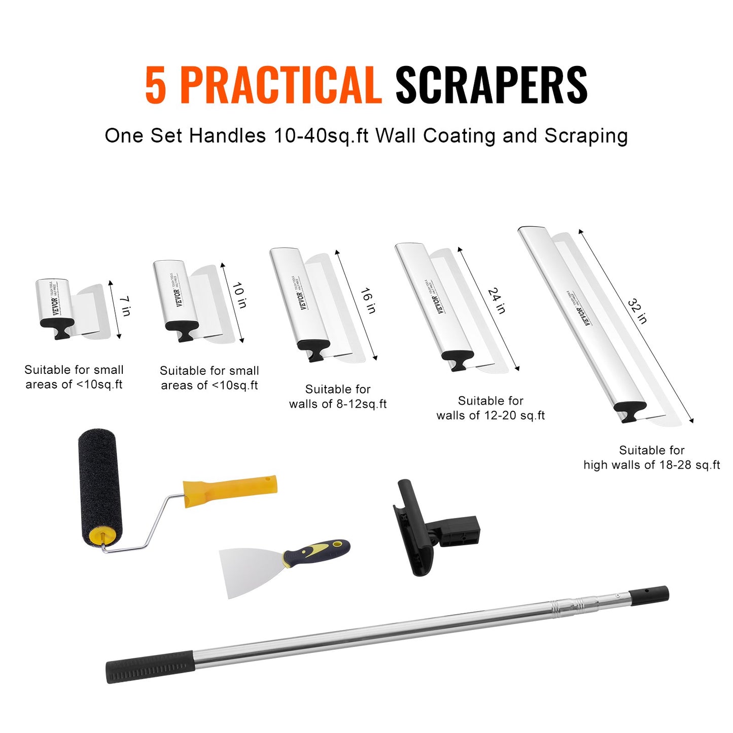 Drywall Skimming Blade Set, 7/10/14/16/24 in Skimming Blades + 34 - 81.6 in Extension Handle Pole, Stainless Steel Knife Professional Skim Coat Tools, for Gyprock/WallBoard/Plasterboard - Image 2
