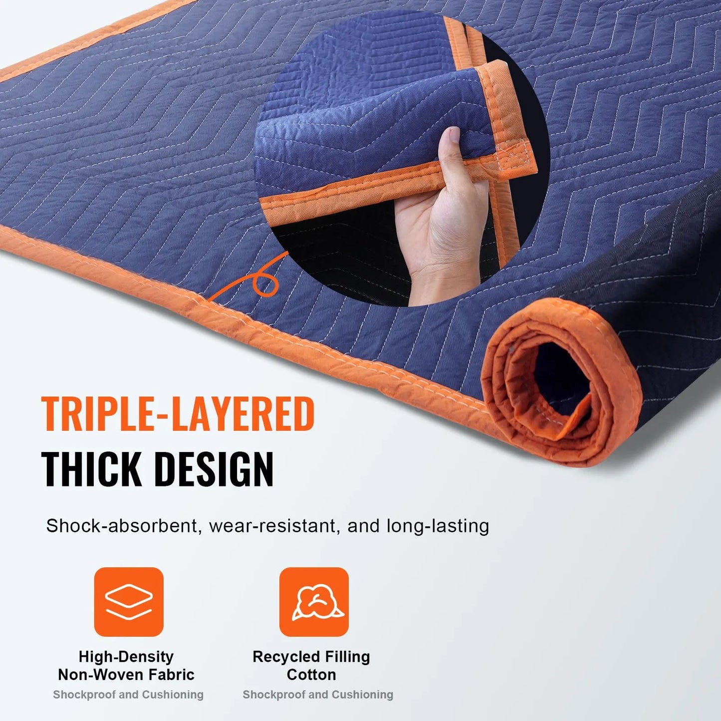Moving Blankets, 2032 x 1829 mm, 29.5 kg/dz, 12 Packs, Professional Non-Woven & Recycled Cotton Packing Blanket, Heavy Duty Mover Pads for Protecting Furniture, Floors, Appliances, Blue/Orange - Image 3