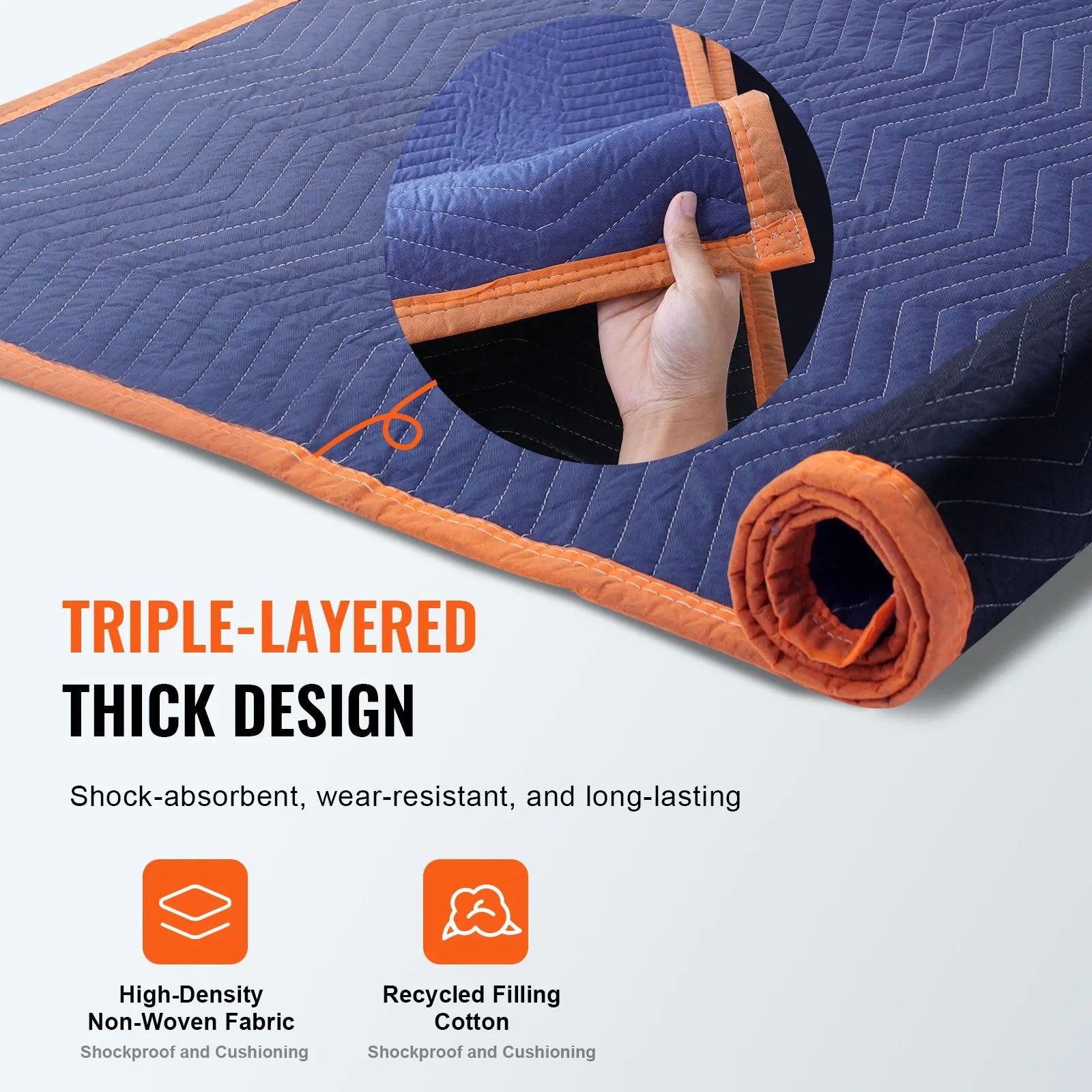 Moving Blankets, 2032 x 1829 mm, 29.5 kg/dz, 12 Packs, Professional Non-Woven & Recycled Cotton Packing Blanket, Heavy Duty Mover Pads for Protecting Furniture, Floors, Appliances, Blue/Orange - Image 3