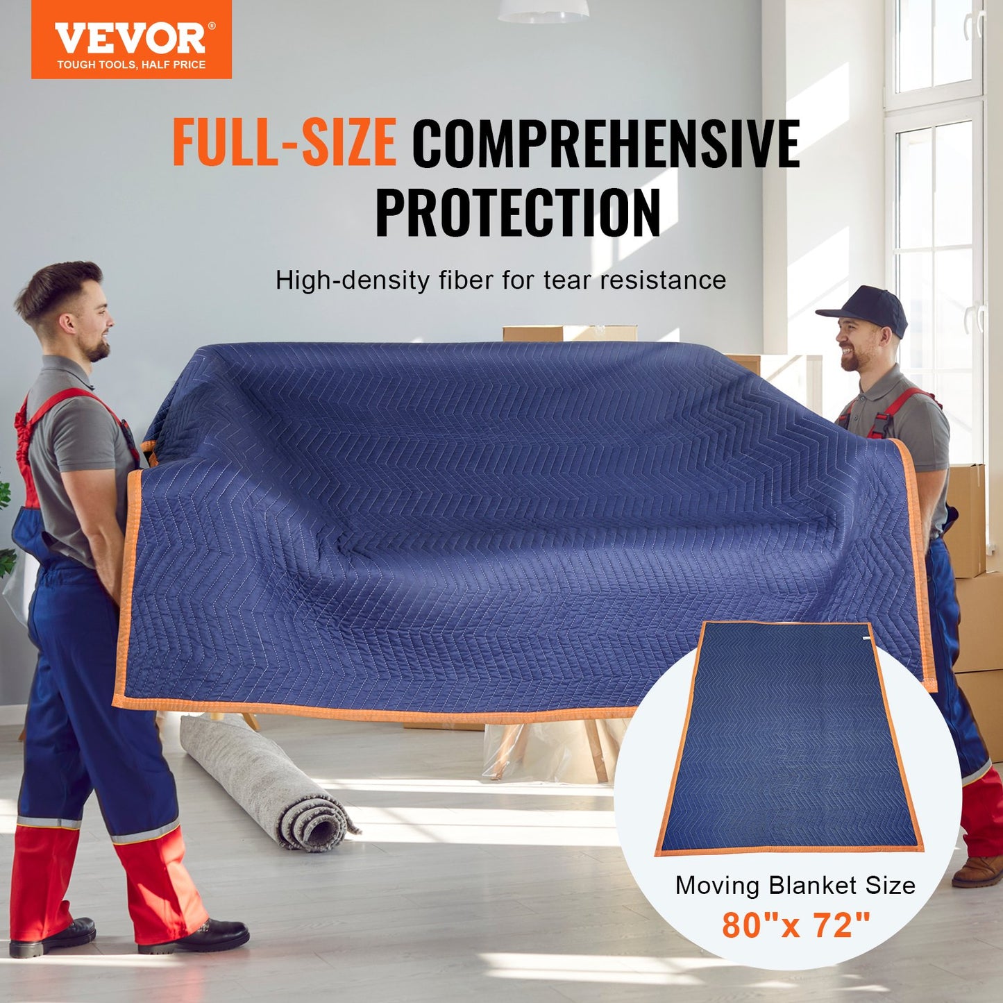 Moving Blankets, 2032 x 1829 mm, 15.6 kg/dz, 12 Packs, Professional Non-Woven & Recycled Cotton Packing Blanket, Heavy Duty Mover Pads for Protecting Furniture, Floors, Appliances, Blue/Orange - Image 2