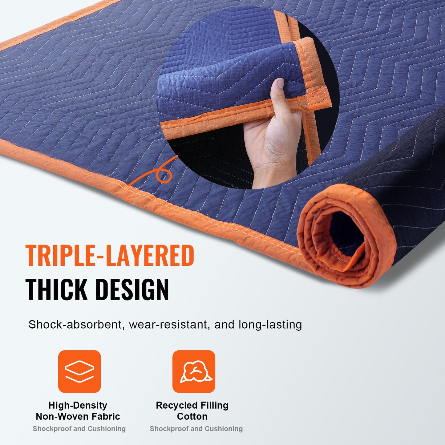 Moving Blankets, 2032 x 1829 mm, 15.6 kg/dz, 12 Packs, Professional Non-Woven & Recycled Cotton Packing Blanket, Heavy Duty Mover Pads for Protecting Furniture, Floors, Appliances, Blue/Orange - Image 3