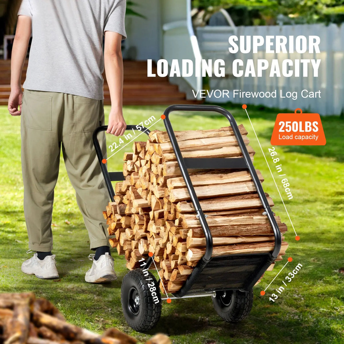 Firewood Log Cart Wood Mover Hauler 250 lbs Capacity on PU Wheels Dolly - Image 2