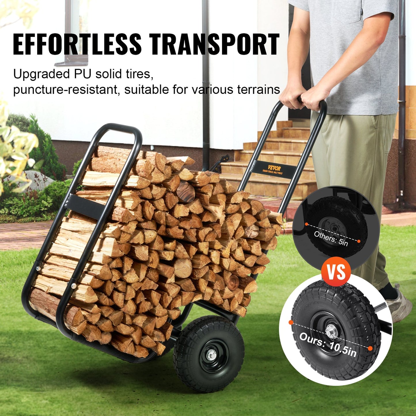 Firewood Log Cart Wood Mover Hauler 250 lbs Capacity on PU Wheels Dolly - Image 5