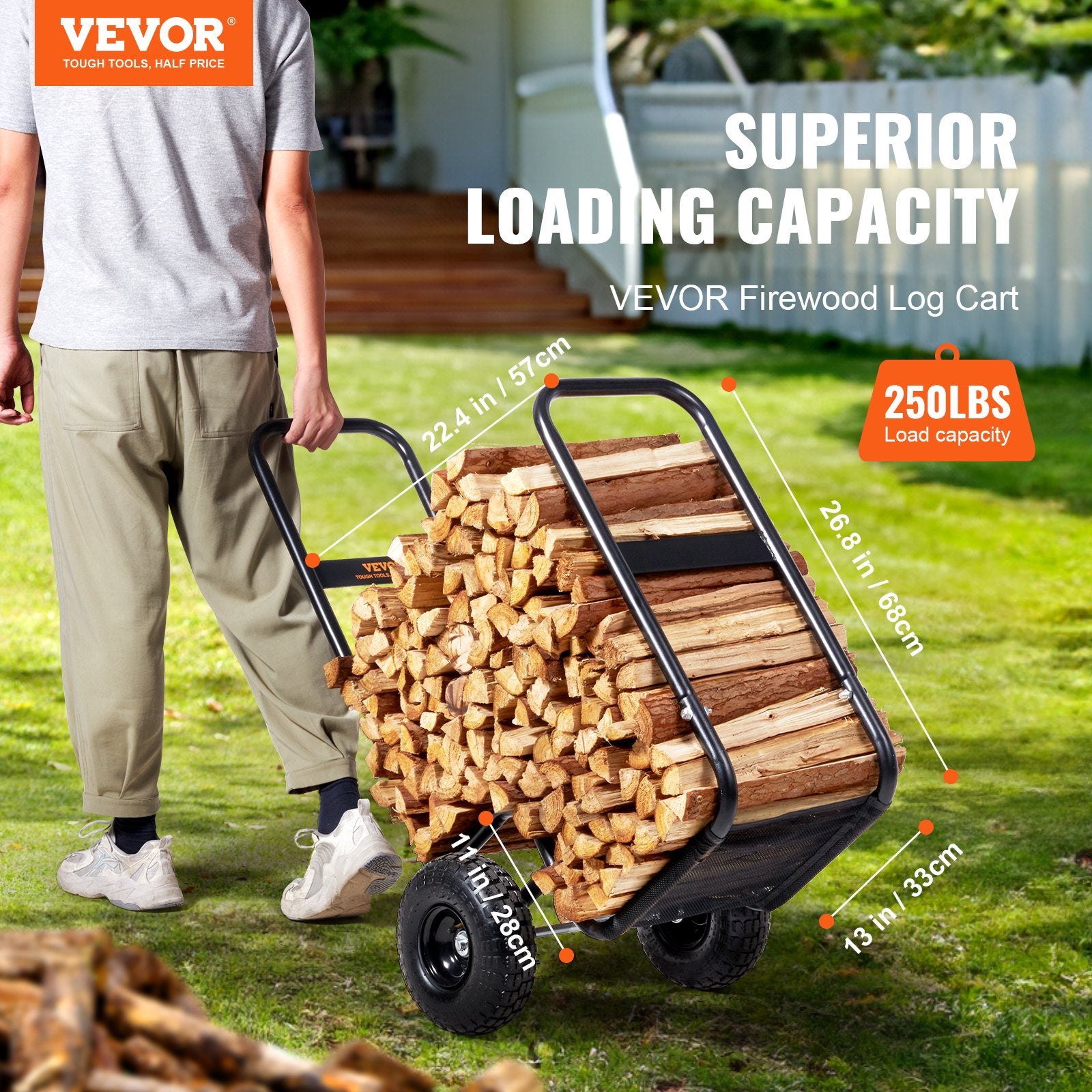 Firewood Log Cart, 113 kg Load Capacity, Outdoor and Indoor Wood Rack Storage Mover with Pneumatic Rubber Wheels, Heavy Duty Steel Dolly Hauler, Firewood Carrier for Fireplace, Fire Pit, Black - Image 2