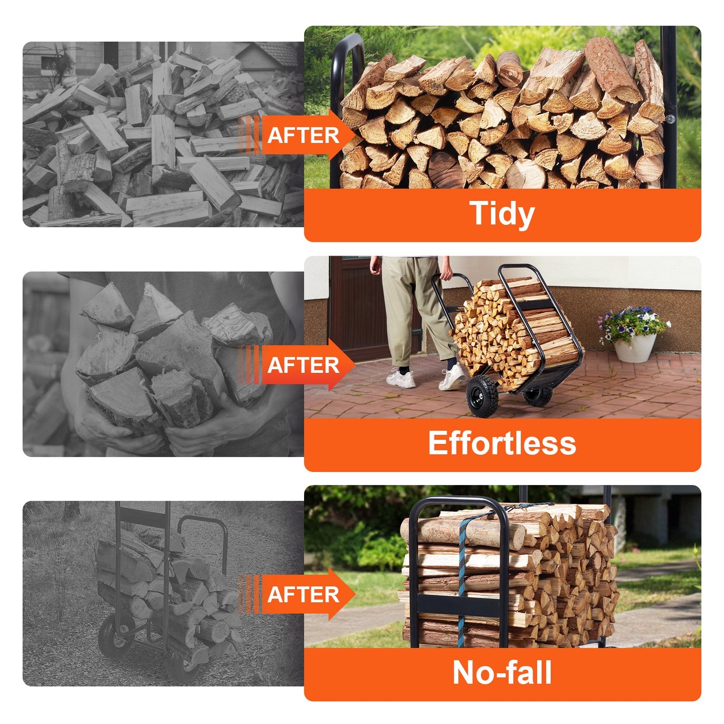 Firewood Log Cart, 113 kg Load Capacity, Outdoor and Indoor Wood Rack Storage Mover with Pneumatic Rubber Wheels, Heavy Duty Steel Dolly Hauler, Firewood Carrier for Fireplace, Fire Pit, Black - Image 3
