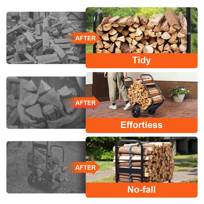 Firewood Log Cart, 113 kg Load Capacity, Outdoor and Indoor Wood Rack Storage Mover with Pneumatic Rubber Wheels, Heavy Duty Steel Dolly Hauler, Firewood Carrier for Fireplace, Fire Pit, Black - Image 3