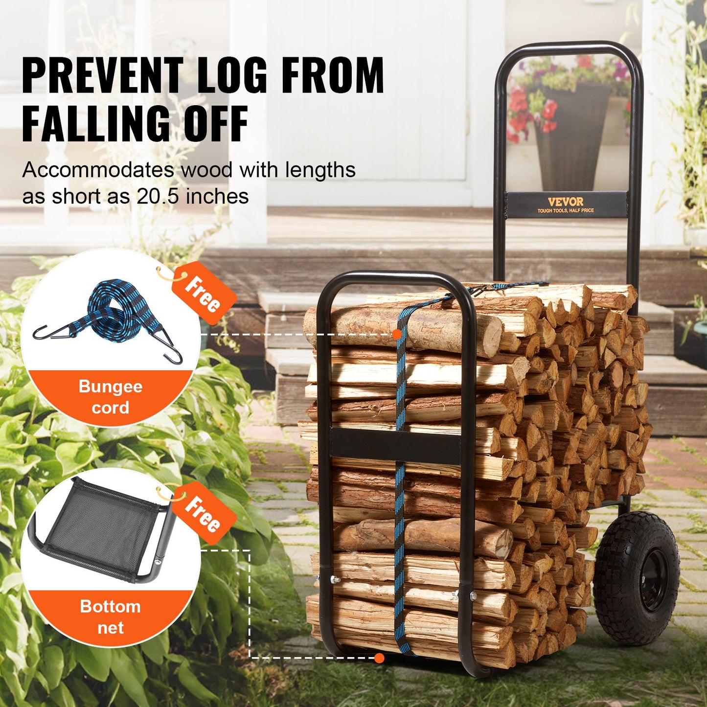 Firewood Log Cart, 113 kg Load Capacity, Outdoor and Indoor Wood Rack Storage Mover with Pneumatic Rubber Wheels, Heavy Duty Steel Dolly Hauler, Firewood Carrier for Fireplace, Fire Pit, Black - Image 4