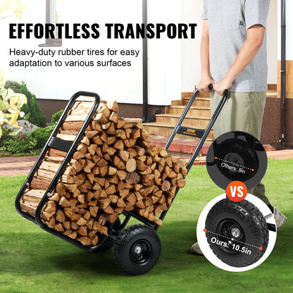 Firewood Log Cart, 113 kg Load Capacity, Outdoor and Indoor Wood Rack Storage Mover with Pneumatic Rubber Wheels, Heavy Duty Steel Dolly Hauler, Firewood Carrier for Fireplace, Fire Pit, Black - Image 5