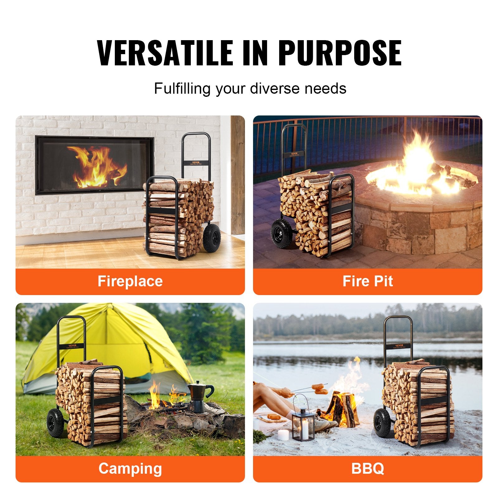 Firewood Log Cart, 113 kg Load Capacity, Outdoor and Indoor Wood Rack Storage Mover with Pneumatic Rubber Wheels, Heavy Duty Steel Dolly Hauler, Firewood Carrier for Fireplace, Fire Pit, Black - Image 6