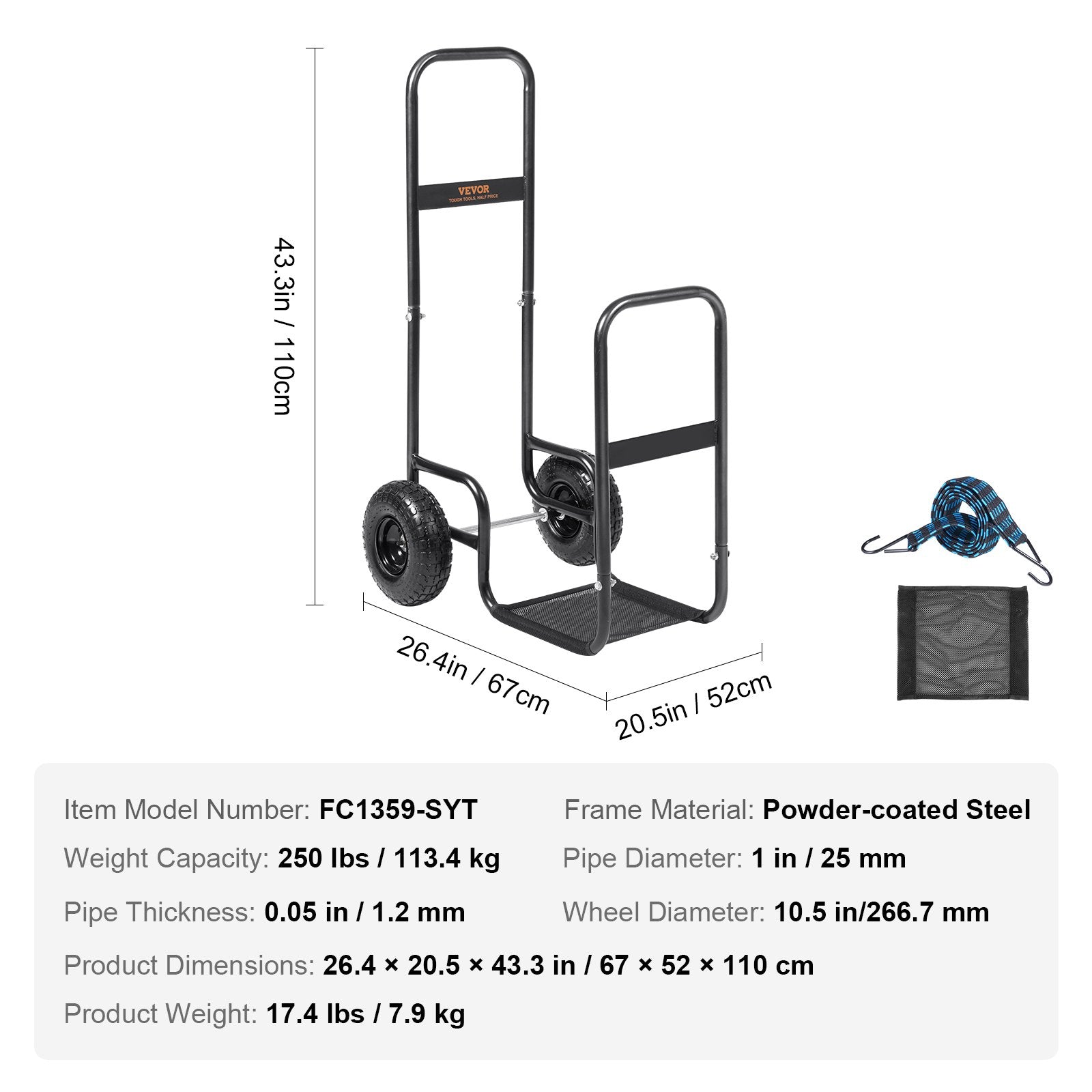Firewood Log Cart, 113 kg Load Capacity, Outdoor and Indoor Wood Rack Storage Mover with Pneumatic Rubber Wheels, Heavy Duty Steel Dolly Hauler, Firewood Carrier for Fireplace, Fire Pit, Black - Image 7