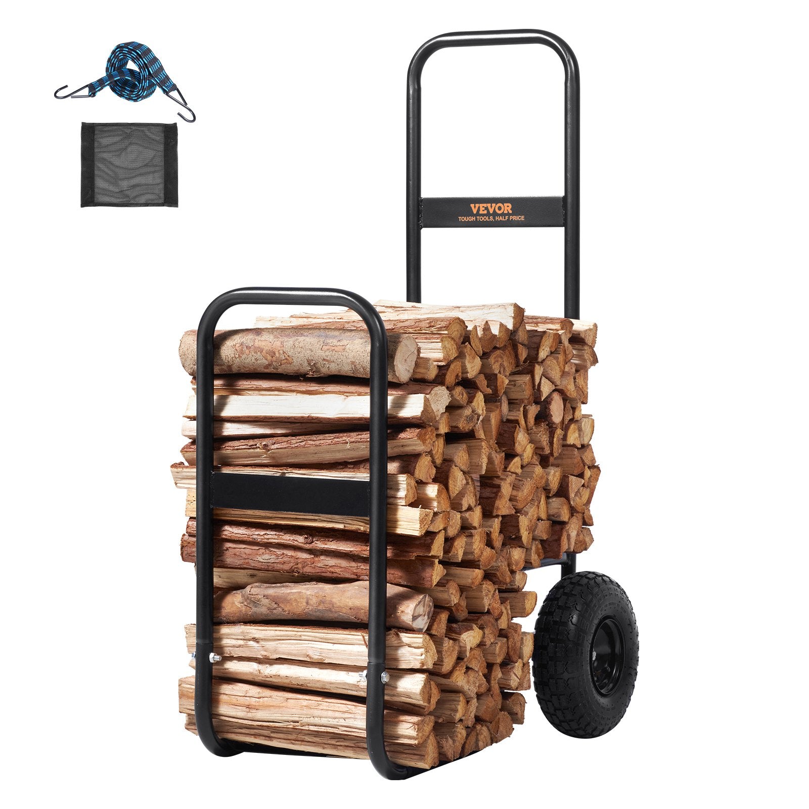 Firewood Log Cart, 113 kg Load Capacity, Outdoor and Indoor Wood Rack Storage Mover with Pneumatic Rubber Wheels, Heavy Duty Steel Dolly Hauler, Firewood Carrier for Fireplace, Fire Pit, Black - Image 9