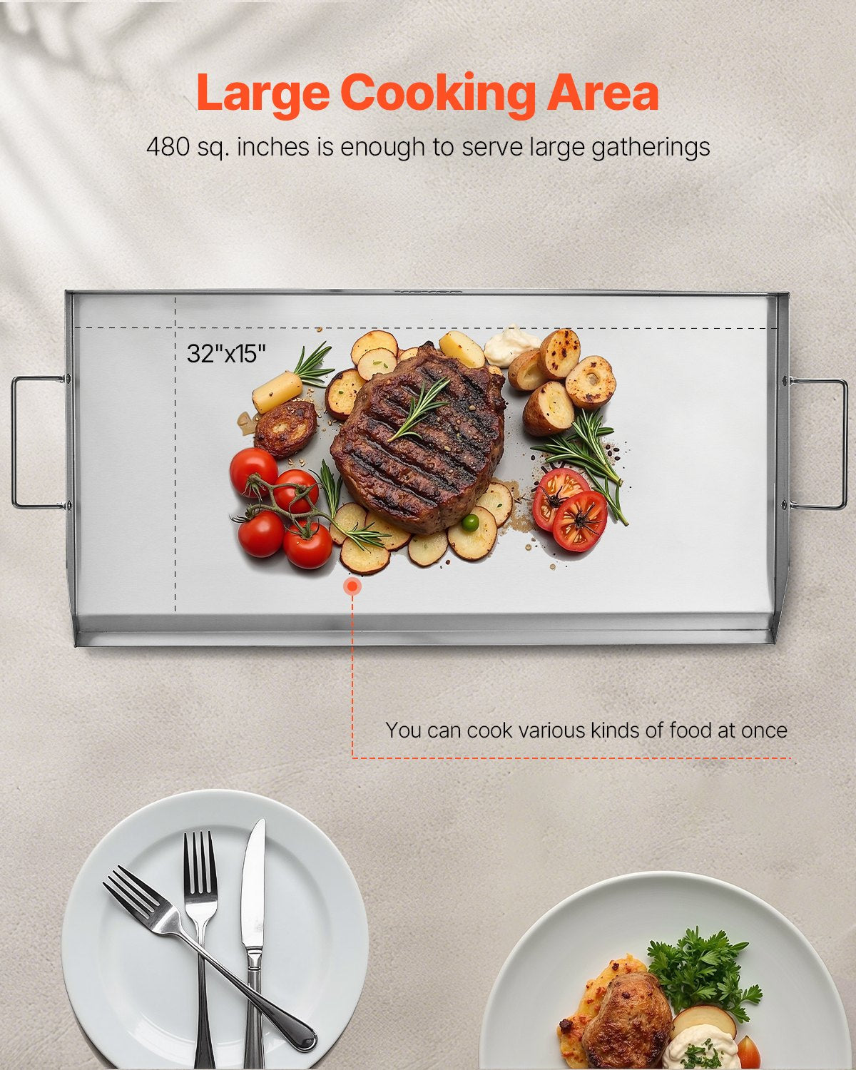 Stainless Steel Griddle, 32x16 inch Universal Flat Top Rectangular Plate, Gas Grill Griddle for BBQ Grill, Teppanyaki, Portable Family Cookware with Handle, for Camping Tailgating Party - Image 4