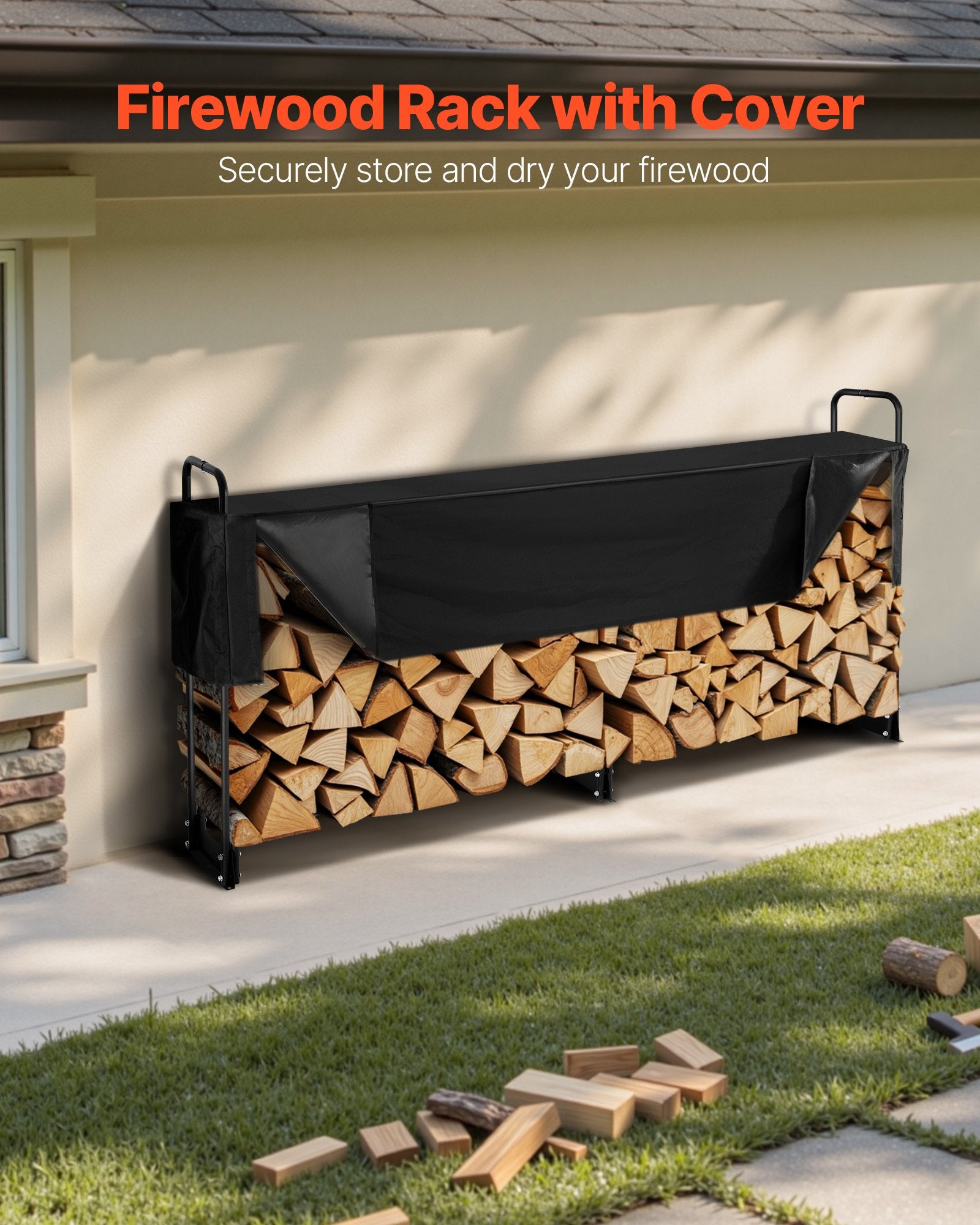 Firewood Rack with Waterproof Cover, 257 x 36 x 117 cm Outdoor Firewood Holder, 660lb Weight Capacity, 1/2 Cord Log Holder, Half-Covered, Powder-coated Wood Storage Rack for Fireplace Deck - Image 2