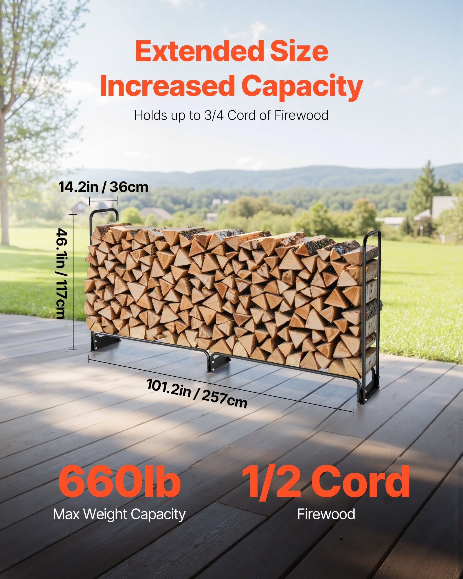 Firewood Rack with Waterproof Cover, 257 x 36 x 117 cm Outdoor Firewood Holder, 660lb Weight Capacity, 1/2 Cord Log Holder, Half-Covered, Powder-coated Wood Storage Rack for Fireplace Deck - Image 3