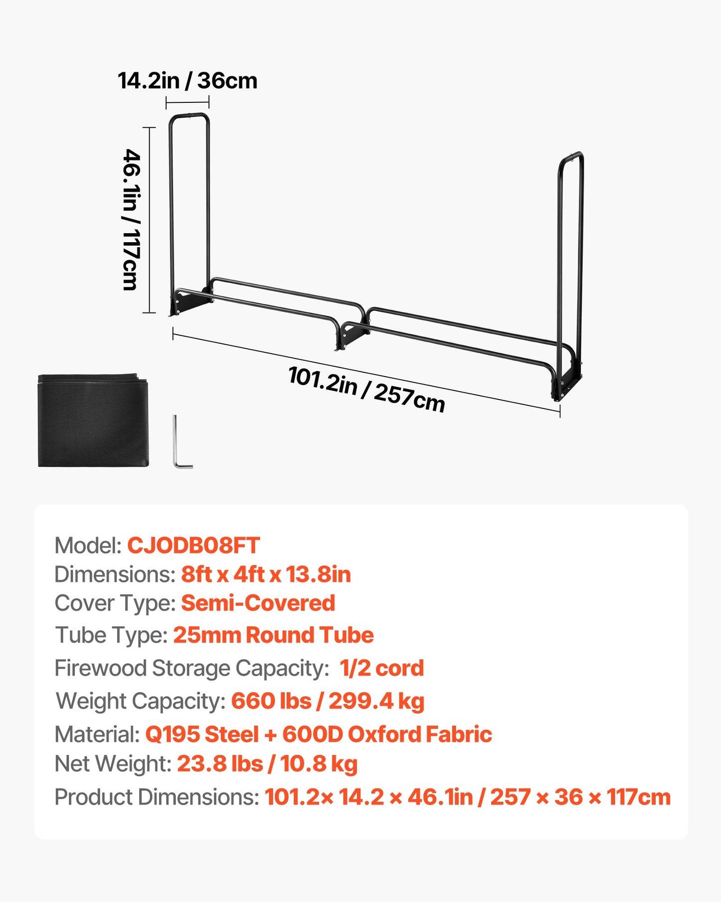 Firewood Rack with Waterproof Cover, 257 x 36 x 117 cm Outdoor Firewood Holder, 660lb Weight Capacity, 1/2 Cord Log Holder, Half-Covered, Powder-coated Wood Storage Rack for Fireplace Deck - Image 7