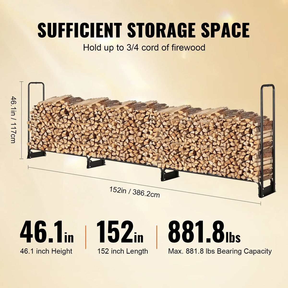 Firewood Rack with Waterproof Cover, 383 x 36 x 117 cm Outdoor Firewood Holder, 660lb Weight Capacity, 1/2 Cord Log Holder, Half-Covered, Powder-coated Wood Storage Rack for Fireplace Deck - Image 3