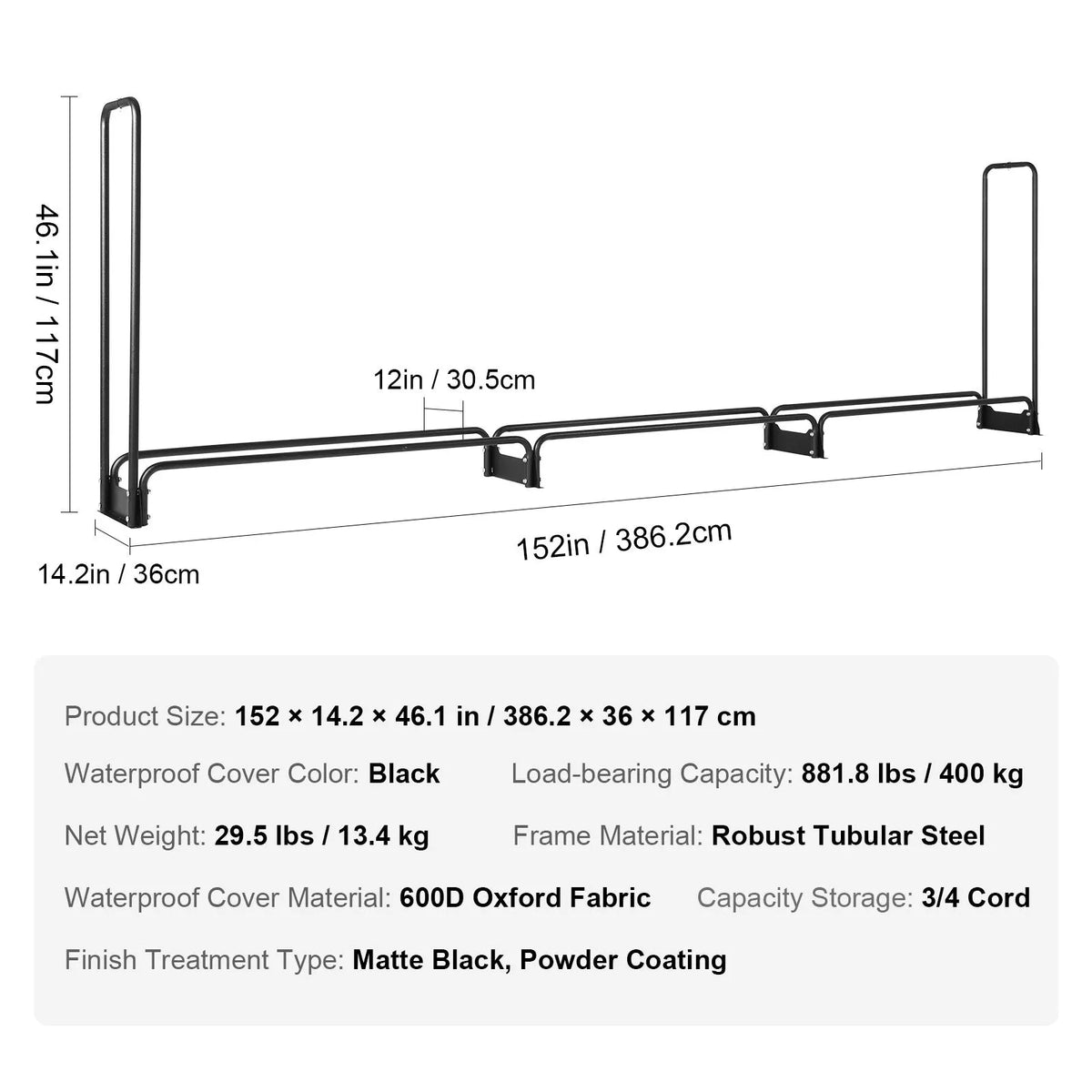 Firewood Rack with Waterproof Cover, 383 x 36 x 117 cm Outdoor Firewood Holder, 660lb Weight Capacity, 1/2 Cord Log Holder, Half-Covered, Powder-coated Wood Storage Rack for Fireplace Deck - Image 7