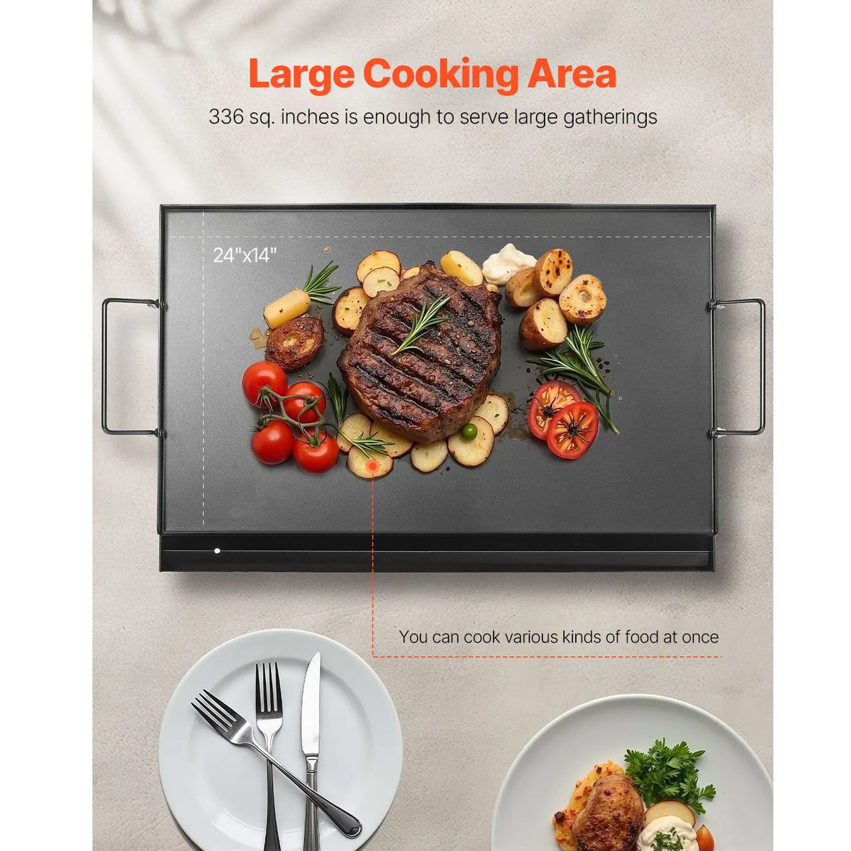 Carbon Steel Griddle, 24x16 inch Universal Flat Top Rectangular Plate, Gas Grill Griddle for BBQ Grill, Teppanyaki, Portable Family Cookware with Handle, for Camping Tailgating Party - Image 4