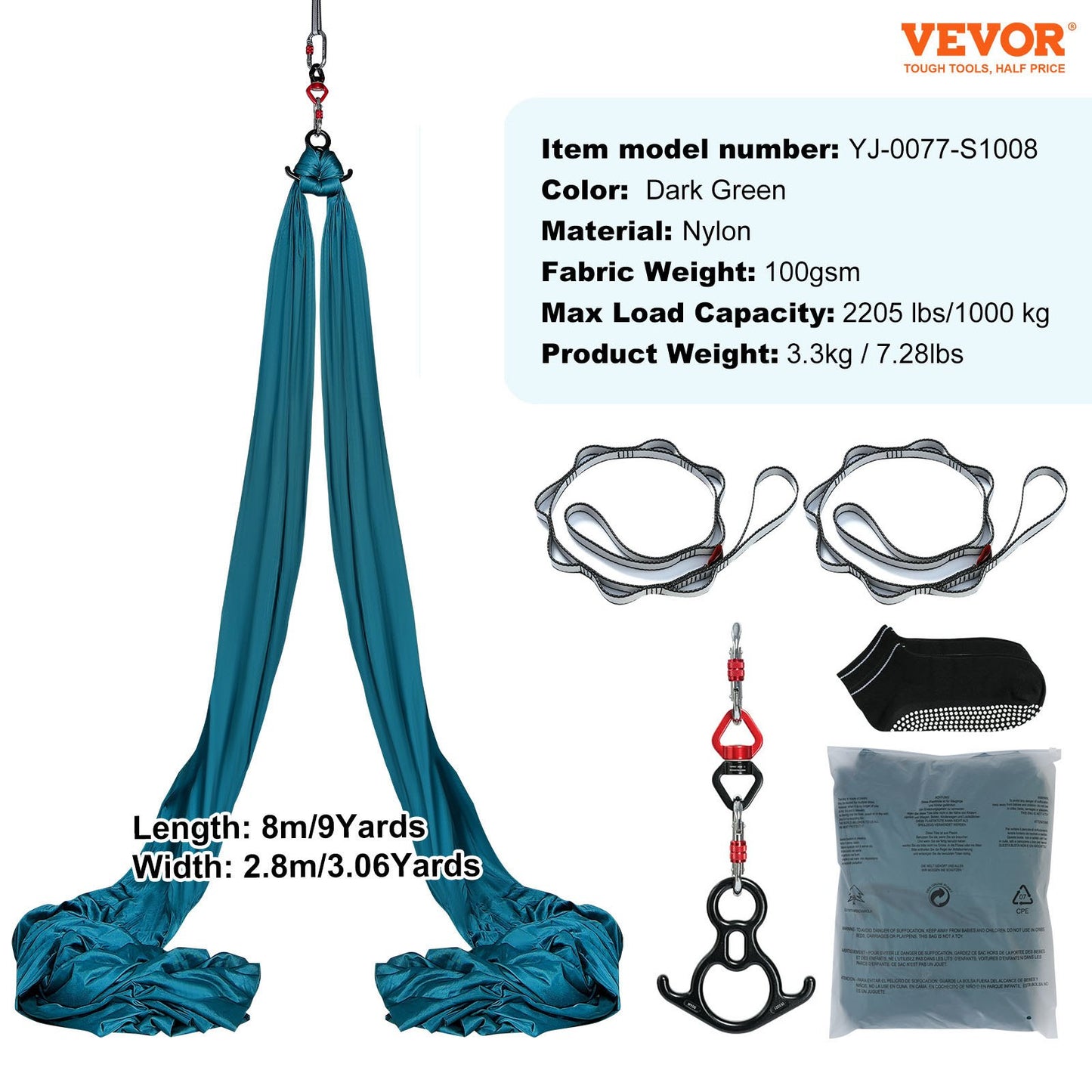 Aerial Silk & Yoga Swing, 8 m Length, Aerial Yoga Hammock Kit with 100gsm Nylon Fabric, Full Rigging Hardware & Easy Set-up Guide, Antigravity Flying for All Levels Fitness Bodybuilding, Green - Image 7