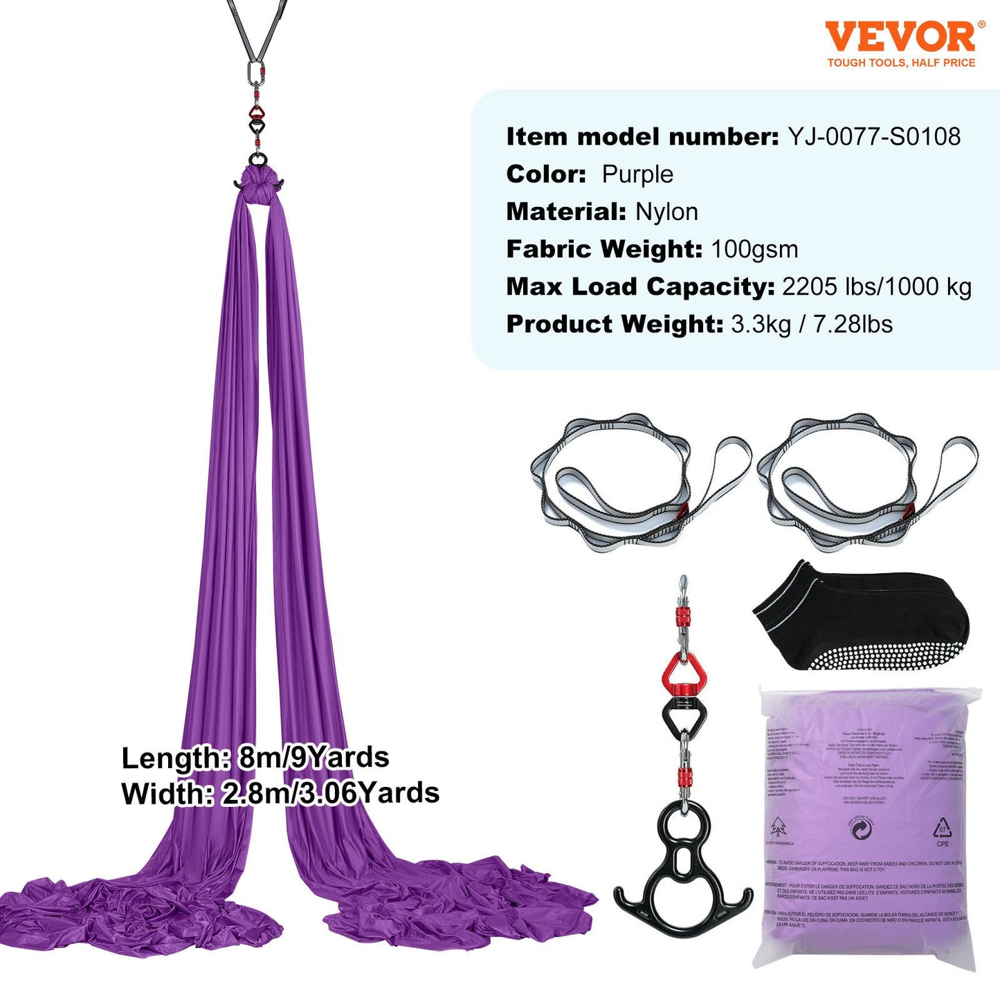 Aerial Silk & Yoga Swing, 8 m Length, Aerial Yoga Hammock Kit with 100gsm Nylon Fabric, Full Rigging Hardware & Easy Set-up Guide, Antigravity Flying for All Levels Fitness Bodybuilding, Purple - Image 7