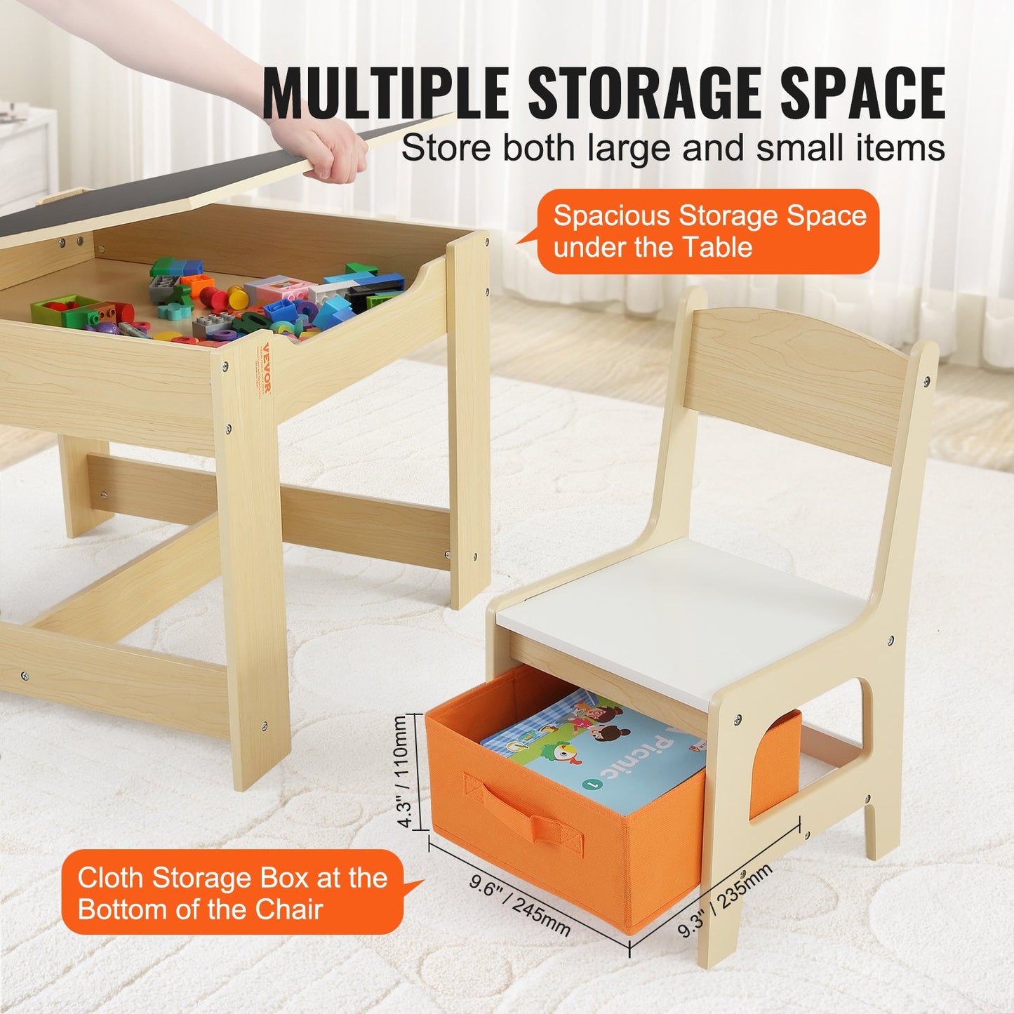 Kids Table and Chair Set Wooden Activity Table with Storage Space & Boxes - Image 3