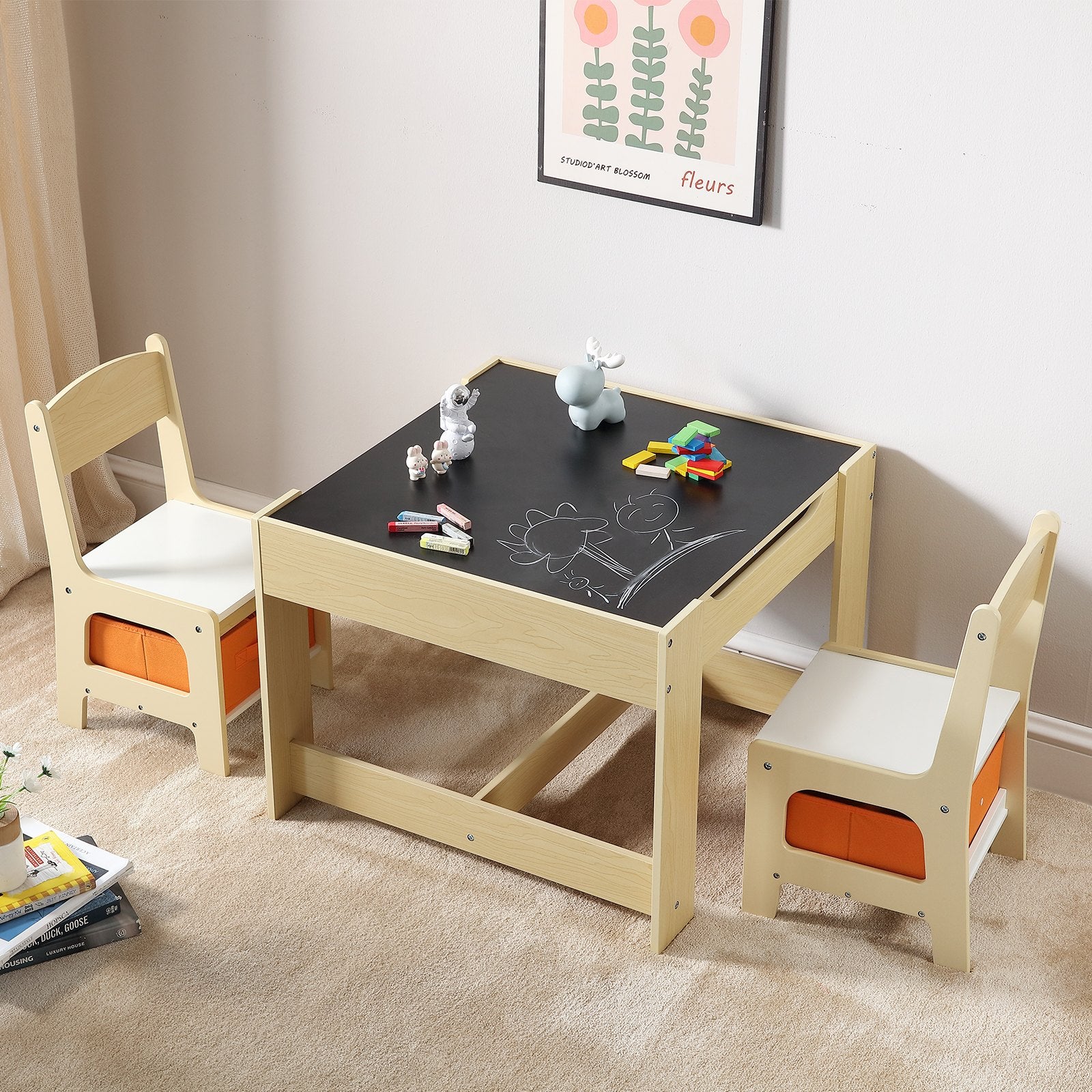 Kids Table and Chair Set Wooden Activity Table with Storage Space & Boxes - Image 8