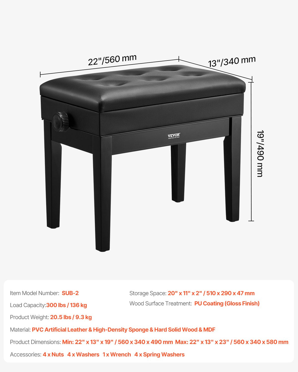 Piano Bench, Keyboard Piano Chair with 19.3"-22.8" Adjustable Height, Padded Cushion, Storage Compartment for Music Books, Heavy Duty Wooden Piano Stool Seat, for Vanity, Living Room, Bedroom - Image 7
