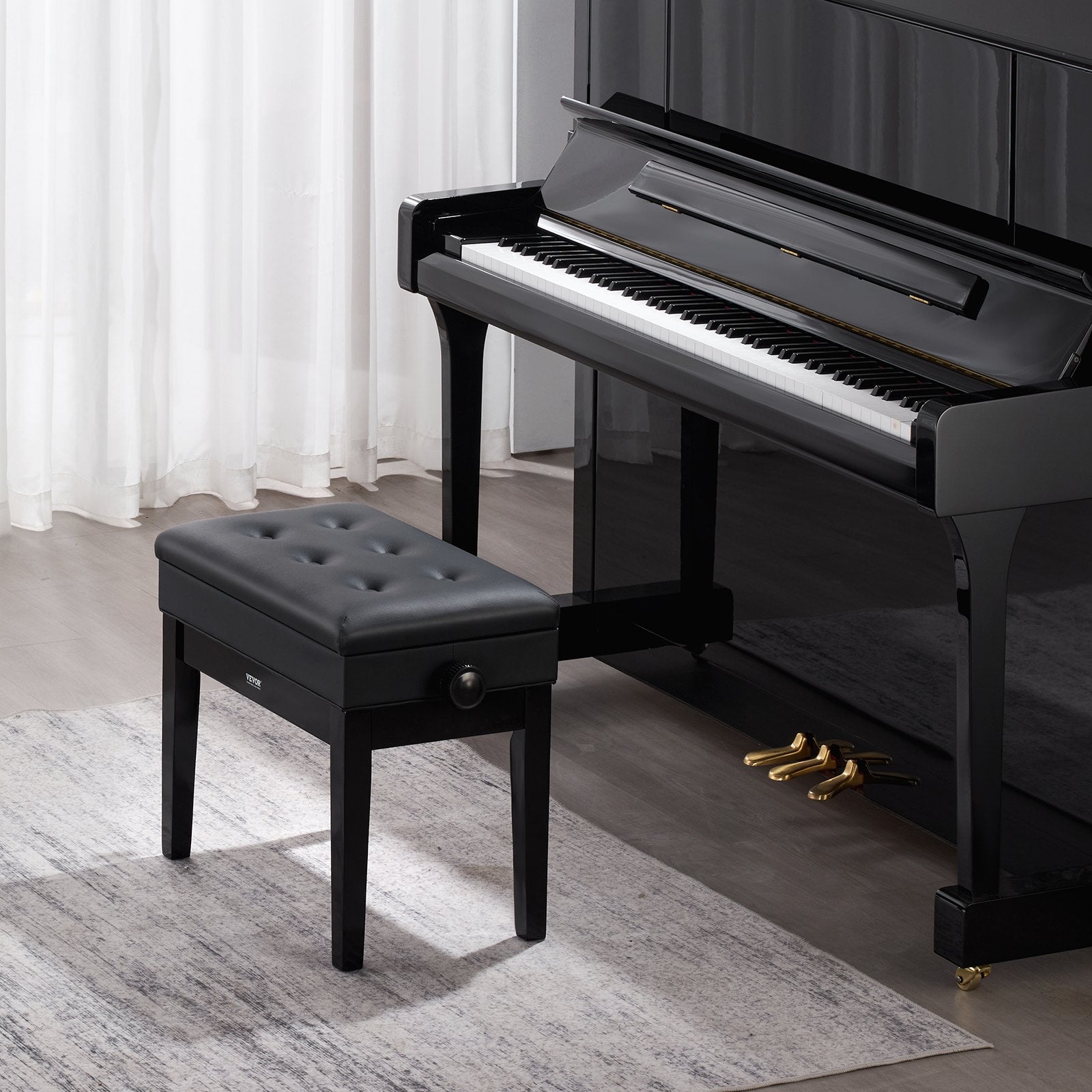 Piano Bench, Keyboard Piano Chair with 19.3"-22.8" Adjustable Height, Padded Cushion, Storage Compartment for Music Books, Heavy Duty Wooden Piano Stool Seat, for Vanity, Living Room, Bedroom - Image 8