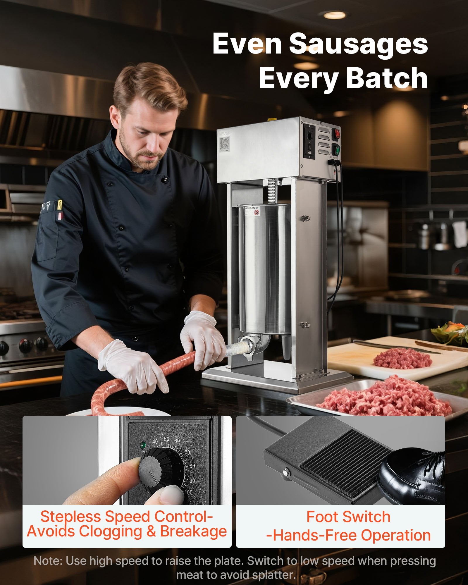 Electric Sausage Stuffer, 33 LBS / 15 L Vertical Meat Stuffer, Stepless Speed Control and Foot Pedal, Stainless Steel Heavy Duty Sausage Filler with 4 Stuffing Tubes, for Commercial & Home Use - Image 2