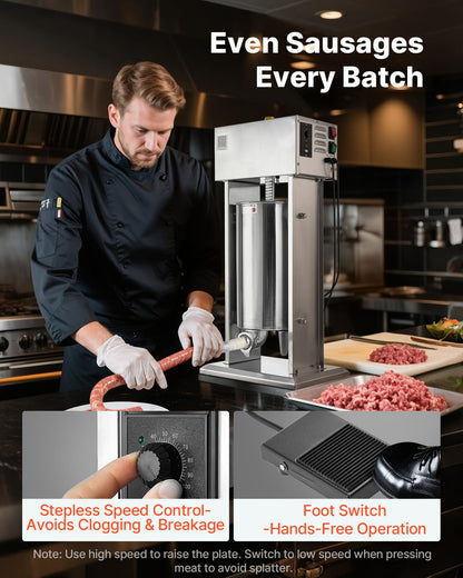 Electric Sausage Stuffer, 33 LBS / 15 L Vertical Meat Stuffer, Stepless Speed Control and Foot Pedal, Stainless Steel Heavy Duty Sausage Filler with 4 Stuffing Tubes, for Commercial & Home Use - Image 2