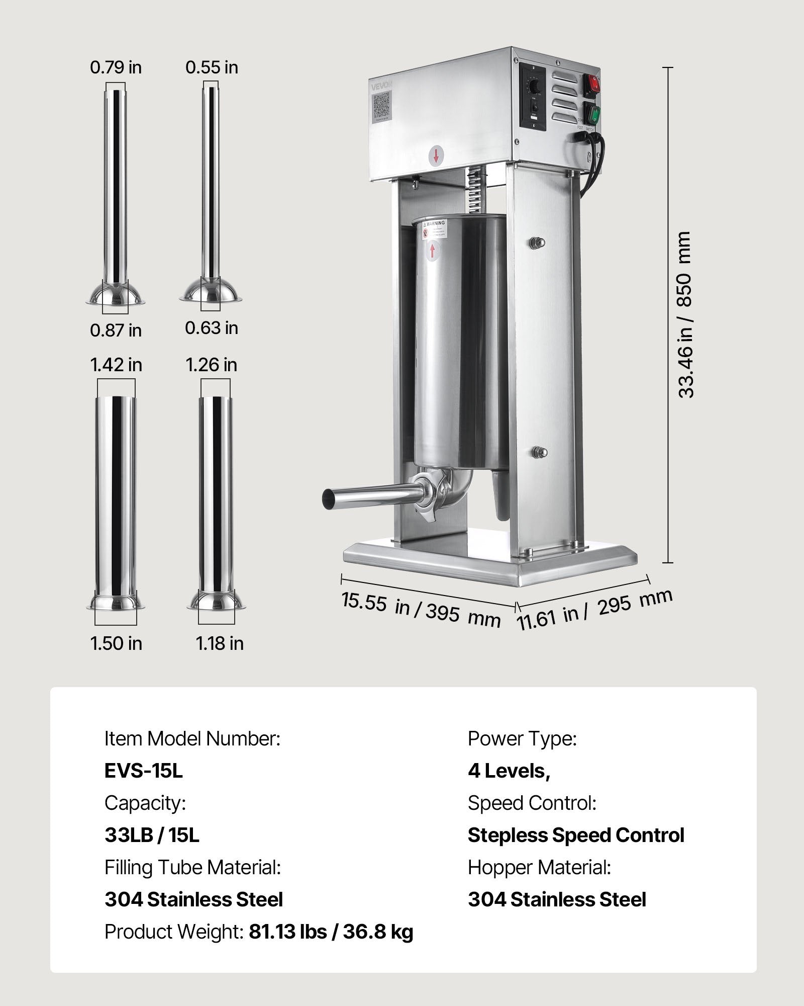 Electric Sausage Stuffer, 33 LBS / 15 L Vertical Meat Stuffer, Stepless Speed Control and Foot Pedal, Stainless Steel Heavy Duty Sausage Filler with 4 Stuffing Tubes, for Commercial & Home Use - Image 7