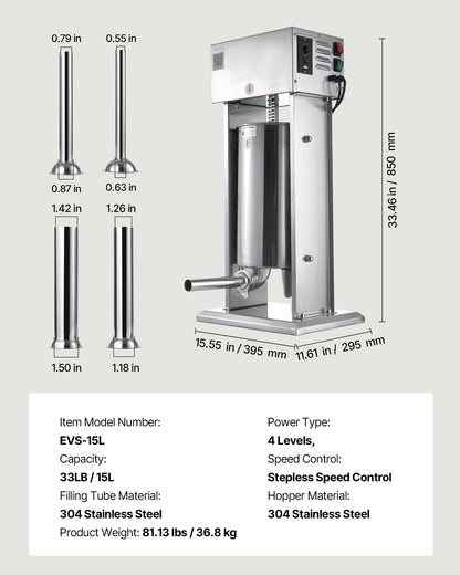 Electric Sausage Stuffer, 33 LBS / 15 L Vertical Meat Stuffer, Stepless Speed Control and Foot Pedal, Stainless Steel Heavy Duty Sausage Filler with 4 Stuffing Tubes, for Commercial & Home Use - Image 7