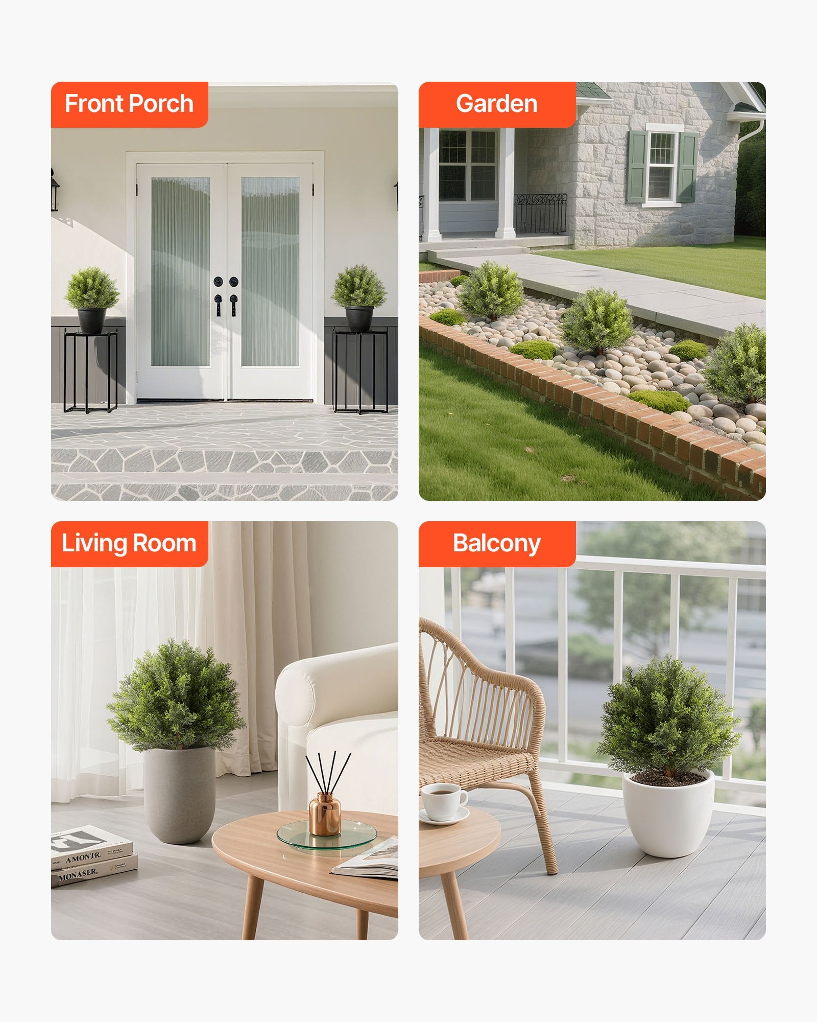 Artificial Topiary Cypress Trees with Ground Spike, 2 Set 406mm Faux Shrubs & Bushes Potted Plants, Fake Silk Tree Look Real for Decor Front Porch Outdoor Indoor Patio Garden Balcony Backyard - Image 6