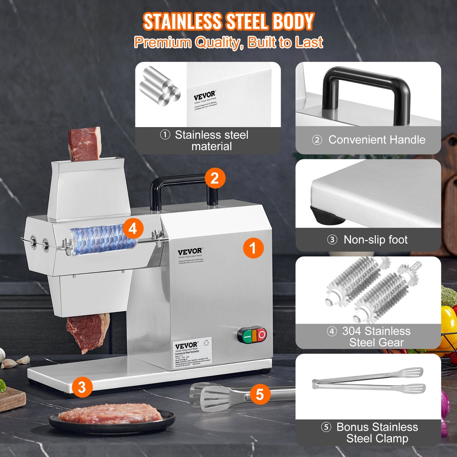 Commercial Meat Tenderizer, Heavy Duty Stainless Steel Kitchen Tool with Handle, Meat Tong, and Cleaning Brush, 450W Electric Meat Tenderizer Machine for Beef, Turkey, Chicken, Pork, and Fish - Image 6