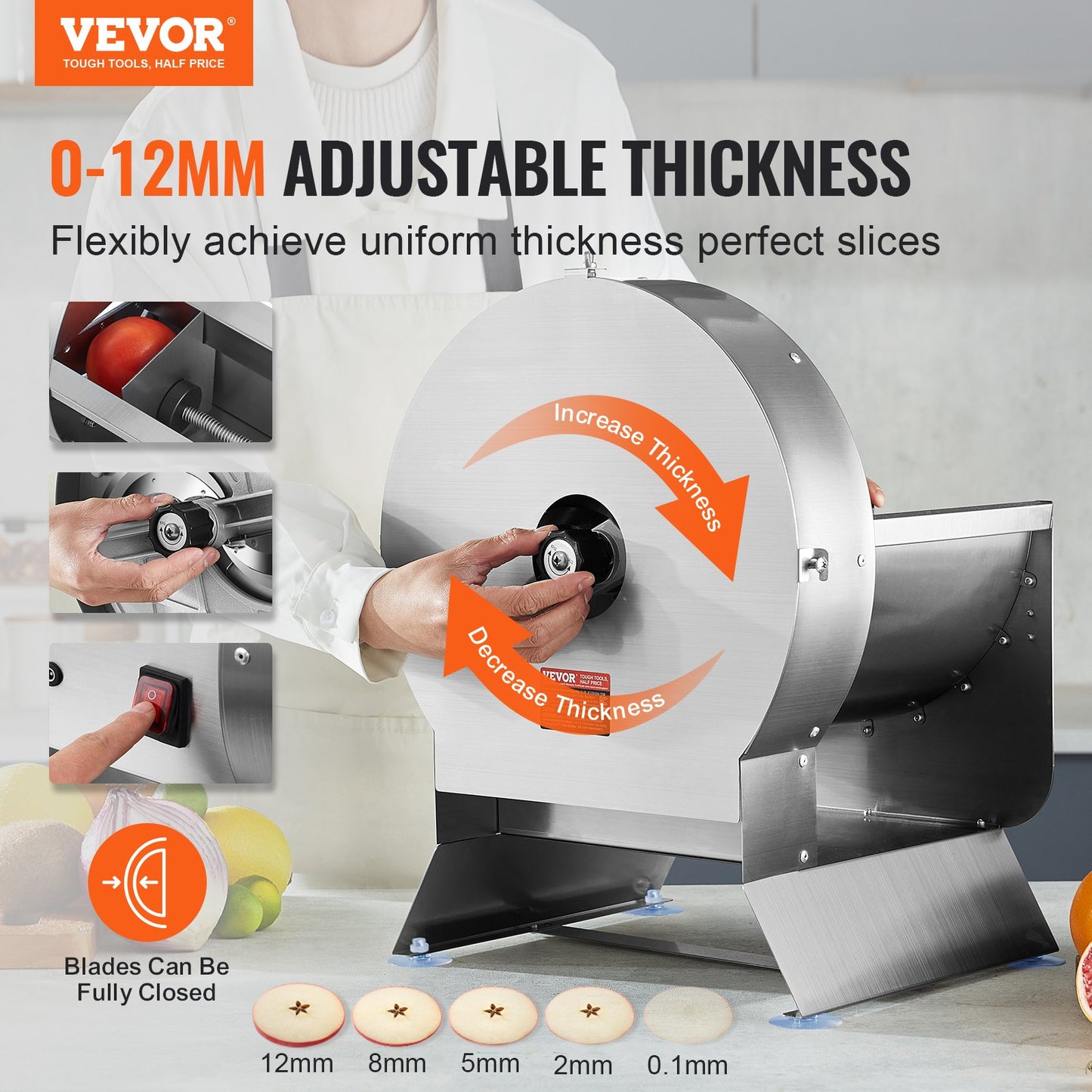 Electric Vegetable Slicer, 0-0.5"/0-12mm Thickness Adjustable Commercial Slicer Machine, Convertible to Manual, Stainless Steel Food Cutter Slicing Machine, Large Feed Port for Potato, Tomato - Image 2