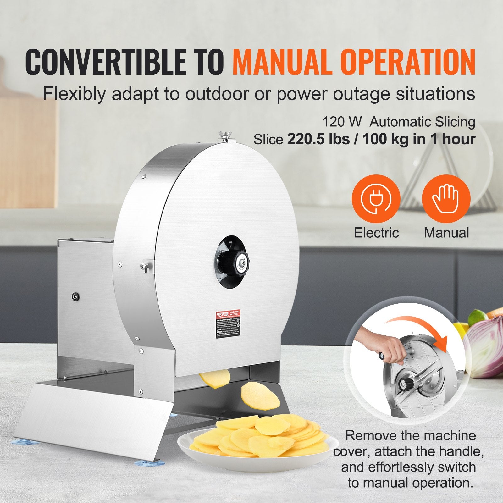 Electric Vegetable Slicer, 0-0.5"/0-12mm Thickness Adjustable Commercial Slicer Machine, Convertible to Manual, Stainless Steel Food Cutter Slicing Machine, Large Feed Port for Potato, Tomato - Image 3
