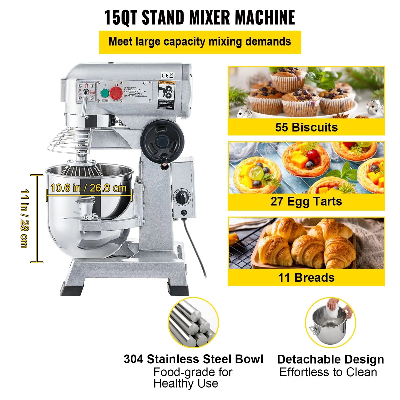 Commercial Stand Mixer, 850W Heavy Duty Electric Food Mixer, 15Qt Stainless Steel Bowl with 3 Speeds Adjustable 113/184/341 RPM, Dough Hook Whisk Beater Included, Perfect for Bakery Pizzeria - Image 3