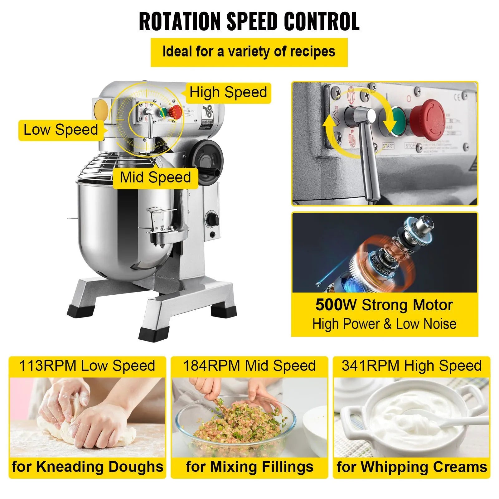 Commercial Stand Mixer, 850W Heavy Duty Electric Food Mixer, 15Qt Stainless Steel Bowl with 3 Speeds Adjustable 113/184/341 RPM, Dough Hook Whisk Beater Included, Perfect for Bakery Pizzeria - Image 4