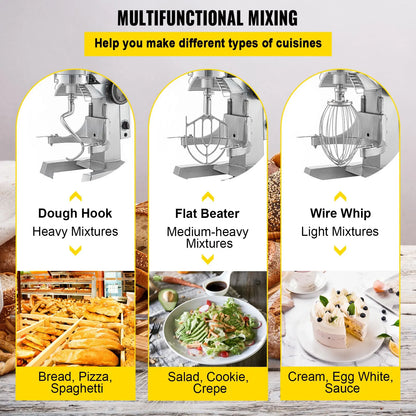 Commercial Stand Mixer, 850W Heavy Duty Electric Food Mixer, 15Qt Stainless Steel Bowl with 3 Speeds Adjustable 113/184/341 RPM, Dough Hook Whisk Beater Included, Perfect for Bakery Pizzeria - Image 5