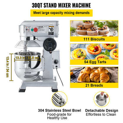 Commercial Food Mixer 30Qt, Food Mixer Commercial with Timing Function, 1100W Stainless Steel Bowl Heavy Duty Electric Commercial Mixer with 3 Speeds Adjustable 108/199/382 RPM, Dough Hook Whisk - Image 3